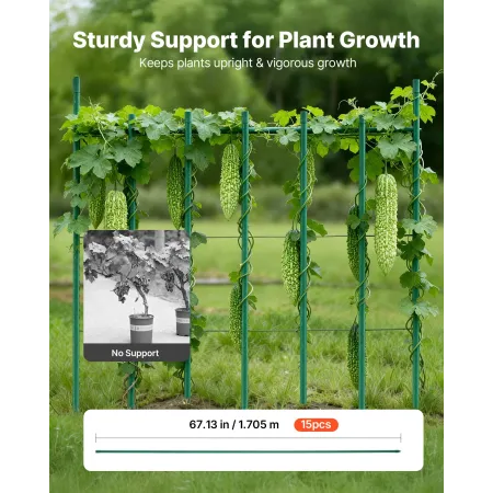 Garden Stakes, 15 Pack, 1705 mm, Plastic Coated Metal Tomato Stakes, Garden Sticks for Plants Support, with Pointed End and Non-