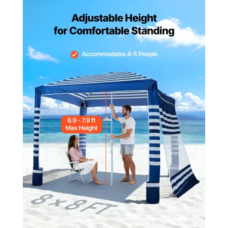 Beach Cabana, 2.4 x 2.4 m Beach Canopy with Side Wall, UPF 50+ Protection Easy Setup Cabana Tent with Sand Pockets, Adjustable H