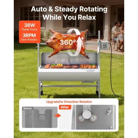 Rotisserie Grill, 38W BBQ Outdoor Pig & Lamb Spit Roaster, Charcoal Spit Roaster with 60 kg Load Capacity & 7-Level Height, Stai