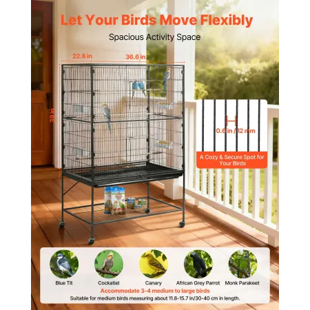 Bird Cage, 930 x 580 x 1510 mm, Flat Top, Wrought Iron Bird Flight Cage with Perches, Slide-Out Tray and Plastic Feeders, for Bl
