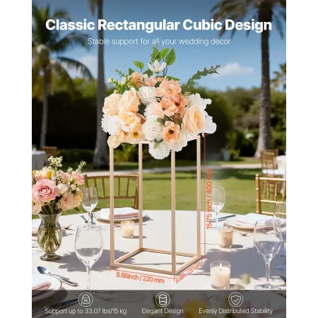 VEVOR Wedding Flower Stand, 10PCS 40cm Column Flower Stand, Floral Stands with Acrylic Laminate, Gold Rectangular Floral Display