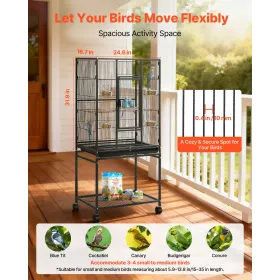 Bird Cage, 625 x 425 x 1370 mm, Flat Top, Wrought Iron Bird Flight Cage with Perches, Slide-Out Tray and Plastic Feeders, Caster