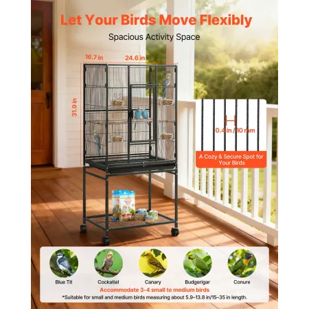 Bird Cage, 625 x 425 x 1370 mm, Flat Top, Wrought Iron Bird Flight Cage with Perches, Slide-Out Tray and Plastic Feeders, Caster