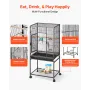 Bird Cage, 625 x 425 x 1370 mm, Flat Top, Wrought Iron Bird Flight Cage with Perches, Slide-Out Tray and Plastic Feeders, Caster