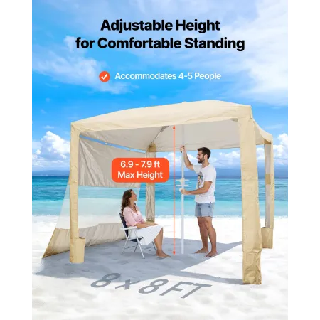 Beach Cabana, 2.4 x 2.4 m Beach Canopy with Side Wall, UPF 50+ Protection Easy Setup Cabana Tent with Sand Pockets, Adjustable H