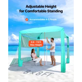 Beach Cabana, 2.4 x 2.4 m Beach Canopy with Side Wall, UPF 50+ Protection Easy Setup Cabana Tent with Sand Pockets, Adjustable H