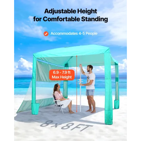 VEVOR Beach Cabana, 2.4 x 2.4 m Beach Canopy with Side Wall, UPF 50+ Protection Easy Setup Cabana Tent with Sand Pockets, Adjust