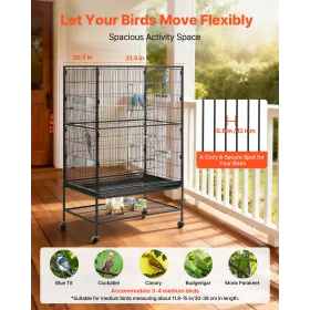 VEVOR fuglebur, 800 x 520 x 1320 mm, flad top, smedejernsfuglebur med siddepinde, udtræksbakke og plastikfødere, C
