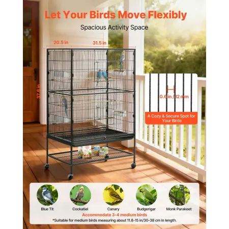VEVOR Bird Cage, 800 x 520 x 1320mm, Flat Top, Wrought Iron Bird Flight Cage with Perches, Slide-Out Tray and Plastic Feeders, C