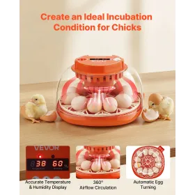 VEVOR 12 Egg Incubator, Automatic Egg Turner with LED Candler, Temperature & Humidity Control, 360° View Clear Window, Poultry E
