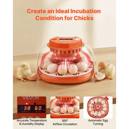 VEVOR 12 Egg Incubator, Automatic Egg Turner with LED Candler, Temperature & Humidity Control, 360° View Clear Window, Poultry E