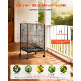 Bird Cage, 460 x 460 x 770 mm, Open Flat Top, Wrought Iron Bird Flight Cage with Perches, Slide-Out Tray and Plastic Feeders, Ca