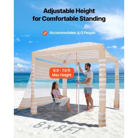 Beach Cabana, 2.4 x 2.4 m Beach Canopy with Side Wall, UPF 50+ Protection Easy Setup Cabana Tent with Sand Pockets, Adjustable H
