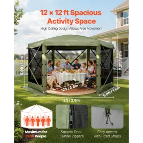 VEVOR Pop up Gazebo Screen Telt, 3,6 x 3,6 m Stort 6-sidet campingtelttelt med aftagelig top & bæretaske, Quick-Set & Bite-