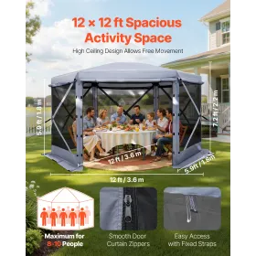 Pop up Gazebo Screen Tent, 3.6 x 3.6 m Large 6-Sided Camping Canopy Tent with Removable Top & Carry Bag, Quick-Set & Bite-Proof,