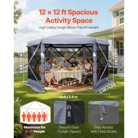 VEVOR Pop up Gazebo Screen Telt, 3,6 x 3,6 m Stort 6-sidet campingtelttelt med aftagelig top & bæretaske, Quick-Set & Bite-