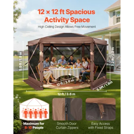 VEVOR Pop up Gazebo Screen Tent, 3.6 x 3.6 m Large 6-Sided Camping Canopy Tent with Removable Top & Carry Bag, Quick-Set & Bite-