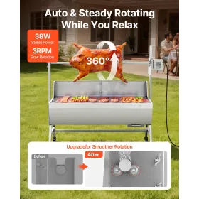 Rotisserie Grill, 38W BBQ Outdoor Pig & Lamb Spit Roaster, Charcoal Spit Roaster with 60 kg Capacity, Wheels & 4-Level Height, S