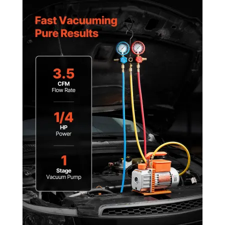 AC Vacuum Pump and Gauge Set, 3.5 CFM 99 L/min, Single Stage Rotary Vane HVAC Vacuum Pump, A/C Manifold Gauge Kit, for R134a R22
