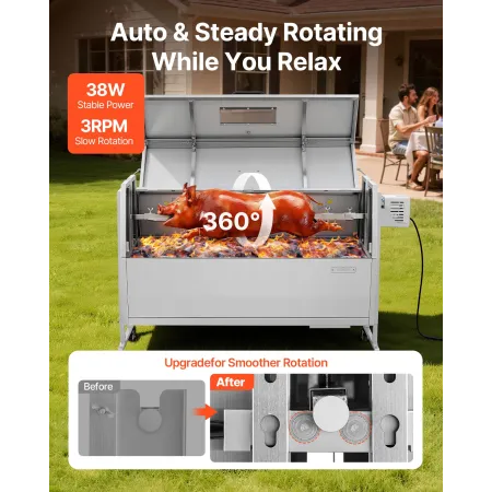 Rotisserie Grill, 38W BBQ Outdoor Pig & Lamb Spit Roaster, Charcoal Spit Roaster with 60 kg Capacity, Wheels & 4-Level Height, S