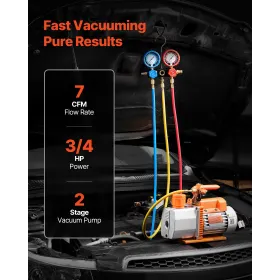 AC Vacuum Pump and Gauge Set, 7 CFM 198 L/min, Two Stage Rotary Vane HVAC Vacuum Pump, A/C Manifold Gauge Kit, for R134a R22 R41