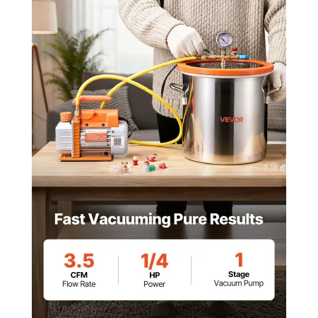 VEVOR 18.93 L Vacuum Chamber with Pump, 3.5 CFM 99 L/min, Single Stage Vacuum Pump, Stainless Steel Degassing Chamber Kit, Tempe