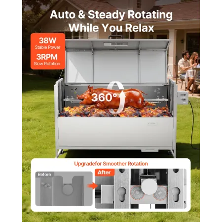Rotisserie Grill, 38W BBQ Outdoor Pig & Lamb Spit Roaster, Charcoal Spit Roaster with 60 kg Capacity, Wheels & 4-Level Height, S