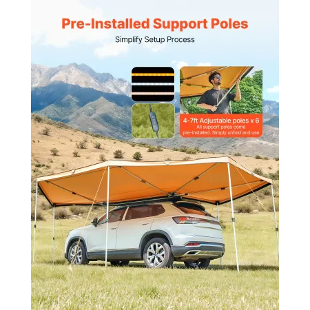 270 Degree Awning with Bulit-in LED Lights, 12.4 ㎡ Driver Side Vehicle Awning, Waterproof UV50+ Car Side Awnings, All-Weather Fr