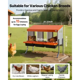 VEVOR Chicken Nesting Boxes, 3 Compartments, with Support Legs, Easy Egg Collection, Galvanized Steel and High-Strength Plastic,