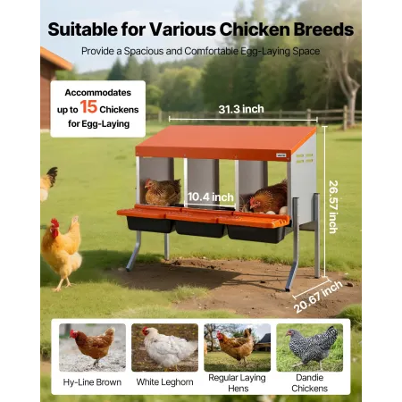 VEVOR Chicken Nesting Boxes, 3 Compartments, with Support Legs, Easy Egg Collection, Galvanized Steel and High-Strength Plastic,