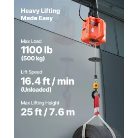 VEVOR 3-in-1 Electric Hoist Winch, 500 kg Capacity, 1500W Portable Electric Power Winch, 7.6 m Lifting Height, 5 m/min with Manu