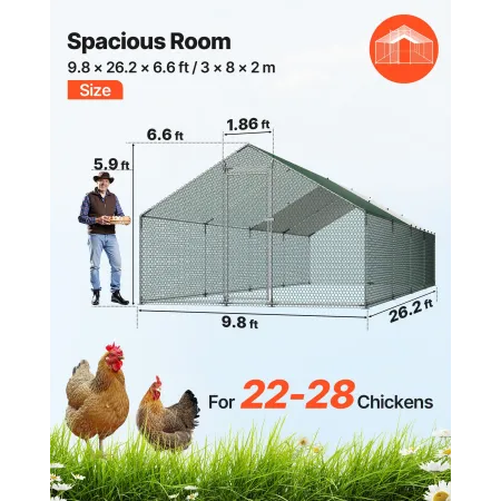 VEVOR Metal Chicken Coop, 9.8x26.2x6.5 ft Large Walk-in Chicken Runs with Cover, Spire Roof Hen House Enclosure with Security Lo