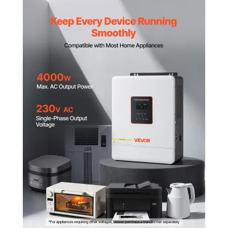 4000W Hybrid Solar Inverter, 24V DC til 230V AC, Pure Sine Wave