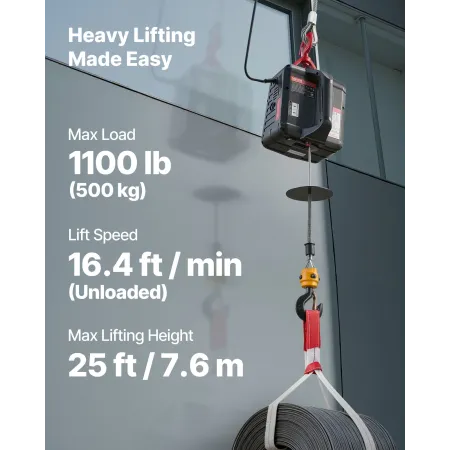 2-i-1 elektrisk hejsespil, 500 kg kapacitet, 1500 W bærbart
