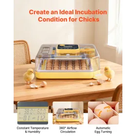 VEVOR 48 Egg Incubator, Automatic Egg Turner with LED Candler, Temperature Display & Auto Humidity Control, 360° View Clear Wind