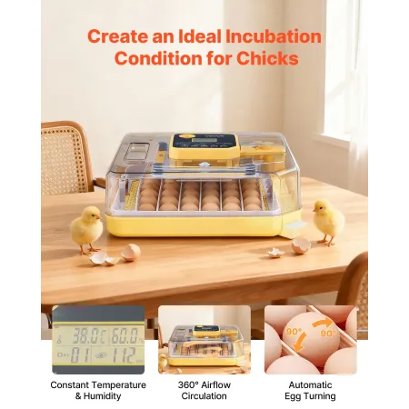 VEVOR 48 Egg Incubator, Automatic Egg Turner with LED Candler, Temperature Display & Auto Humidity Control, 360° View Clear Wind