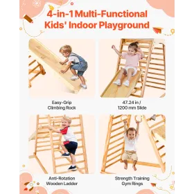 VEVOR Indoor Playground Jungle Gym, 4-in-1 Wooden Indoor Playground Climbing Toys for Kids, Montessori Toddlers Climber Playset 
