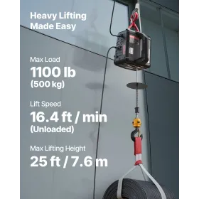 2-in-1 Electric Hoist Winch, 500 kg Capacity, 1500W Portable Power Winch Crane, 7.6 m Lifting Height, 5 m/min with Manual and Wi
