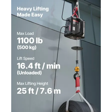 2-in-1 Electric Hoist Winch, 500 kg Capacity, 1500W Portable Power Winch Crane, 7.6 m Lifting Height, 5 m/min with Manual and Wi