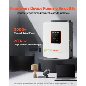 VEVOR 3000W Hybrid Solar Inverter, 24V DC til 230V AC, Pure Sine Wave Power Inverter Oplader, Indbygget 80A MPPT Solar