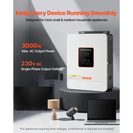 VEVOR 3000W Hybrid Solar Inverter, 24V DC to 230V AC, Pure Sine Wave Power Inverter Charger, Built-in 80A MPPT Solar Controller,