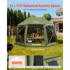 Pop up Gazebo Screen Tent, 3.96 x 3.96 m, 13-Sided Spherical Camping Canopy Tent with Removable Top & Carry Bag, Quick-Set & Bit