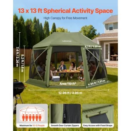 VEVOR Pop up Gazebo Screen Tent, 3.96 x 3.96 m, 13-Sided Spherical Camping Canopy Tent with Removable Top & Carry Bag, Quick-Set