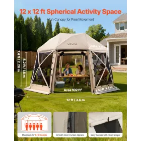 Pop up Gazebo Screen Tent, 3.6x3.6 m, 13-Sided Spherical Camping Canopy Tent with Removable Top & Carry Bag, Quick-Set & Bite-Pr