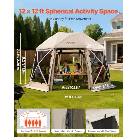 Pop up Gazebo Screen Tent, 3.6x3.6 m, 13-Sided Spherical Camping Canopy Tent with Removable Top & Carry Bag, Quick-Set & Bite-Pr