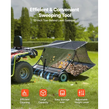 VEVOR 26,7 cm Tow Behind Lawn Feemaskine, 26 cu.ft. Stor gårdfejemaskine, justerbar fejehøjde, kraftig blad- og græsopsamling