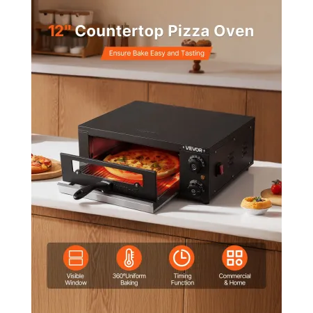 VEVOR Electric Pizza Oven, 304.8mm Countertop Pizza Oven, 25 to 300℃ Temp Range, 1450W Indoor Pizzas Maker w/Timing & Temp Contr