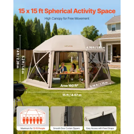 VEVOR Pop up Gazebo Screen Tent, 4.57 x 4.57 m, 13-Sided Spherical Camping Canopy Tent with Removable Top & Carry Bag, Quick-Set
