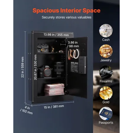 Wall Safe, 3-Tier Hidden Wall Safe with Fingerprint, Password, Key & Turning Knob, Q235 Cold-Rolled Steel In-Wall Box with Adjus