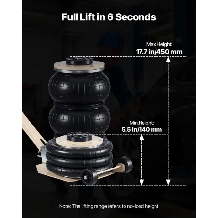 VEVOR Air Jack, 3 tons Triple Bag Air Jack, Airbag med seks stålrør, løft op til 450 mm, 1-6 s hurtigløftende pneumatisk med